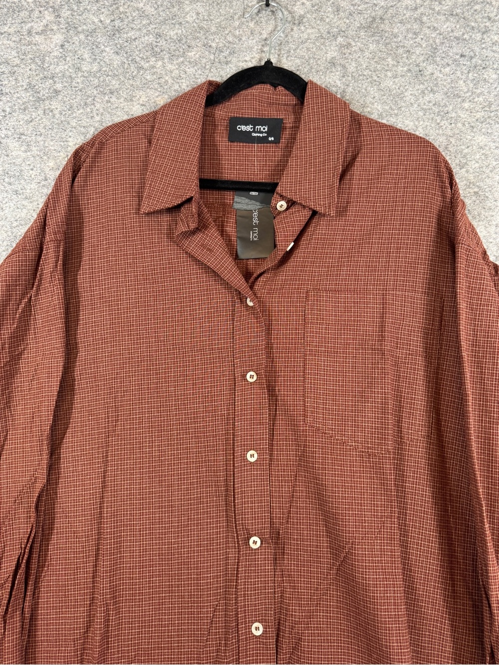C'est Moi Brown Rust Check Button Up Shirt OS Oversized Minimalist Casual Cotton - Picture 4 of 12
